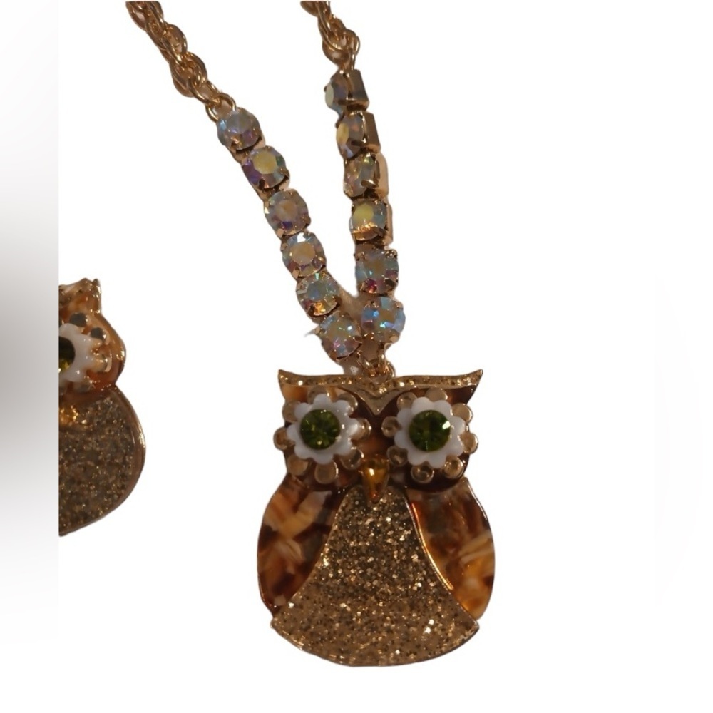 BETSEY JOHNSON SET Woodland Creatures Crystals Owl Necklace & Earrings SET NWT - Picture 6 of 8